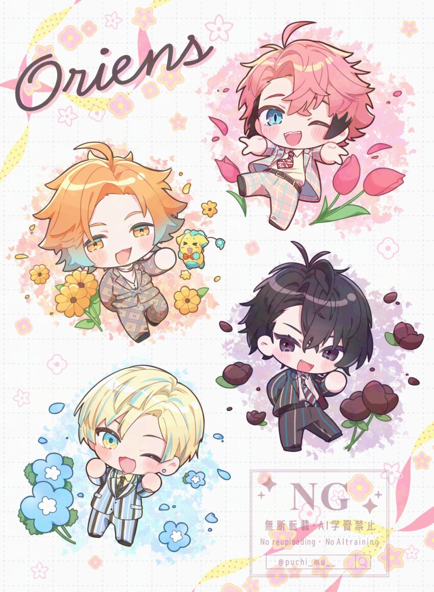 4boys ;d absurdres ahoge akagi_wen antenna_hair aqua_hair arm_behind_back artist_name belt belt_buckle black_hair black_necktie black_shoes blonde_hair blue_eyes blue_flower blue_hair blue_jacket blue_pants blush brown_belt buckle chibi collared_shirt commentary crossed_bangs diagonal-striped_clothes diagonal-striped_necktie double_v earrings fangs flower flower_symbol forehead gradient_hair grid_background hair_between_eyes hand_up hands_up hibachi_mana highres jacket jewelry lapels long_sleeves looking_at_viewer male_focus multicolored_eyes multicolored_hair multicolored_jacket multicolored_pants multiple_boys necklace necktie nijisanji one_eye_closed open_clothes open_mouth open_shirt orange_eyes orange_flower orange_hair orange_jacket orange_pants oriens_(nijisanji) pants parted_bangs petals pink_flower pink_hair pink_jacket pink_pants pink_tulip print_necktie puchimu purple_eyes purple_jacket purple_pants red_flower red_necktie red_rose rose saiki_ittetsu sharp_teeth shirt shirt_tucked_in shoes short_hair simple_background smile streaked_hair striped_clothes striped_jacket striped_necktie striped_pants stud_earrings symbol-only_commentary teeth tulip turtleneck twitter_username upper_teeth_only usami_rito v vertical-striped_clothes vertical-striped_jacket vertical-striped_pants virtual_youtuber watermark white_background white_shirt wing_collar yellow_eyes yellow_shirt