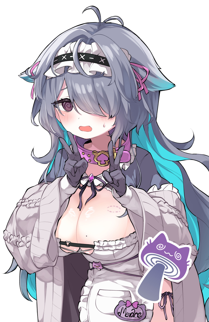1girl @_@ absurdres animal_collar antenna_hair apron artist_request bite_mark bite_mark_on_breast black_gloves black_hairband blue_hair breasts cardigan collar colored_inner_hair commission double_v frilled_hairband frills gloves grey_cardigan grey_hair hair_over_one_eye hair_ribbon hairband highres indie_virtual_youtuber large_breasts long_hair menace_mamaki mole mole_on_breast multicolored_hair name_tag open_cardigan open_clothes open_mouth pink_ribbon purple_collar purple_eyes ribbon solo sweat transparent_background v virtual_youtuber white_apron