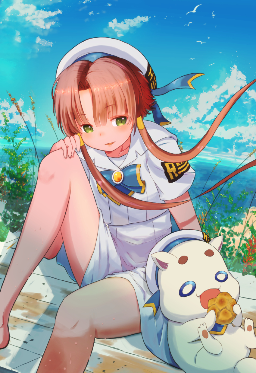 1girl absurdres aria_(manga) aria_company_uniform aria_pokoteng bare_legs barefoot beret bird blue_bow blue_bowtie blue_ribbon blue_sky blush bow bowtie cat cloud cloudy_sky collarbone dress eating eyelashes feet_out_of_frame gold_trim green_eyes hair_tubes hat hat_ribbon highres knee_up legs looking_at_another mizunashi_akari open_mouth outdoors parted_bangs pink_hair plant ribbon sailor_collar seagull short_hair_with_long_locks short_sleeves sitting sky smile stamac_jack thighs white_cat white_dress white_hat