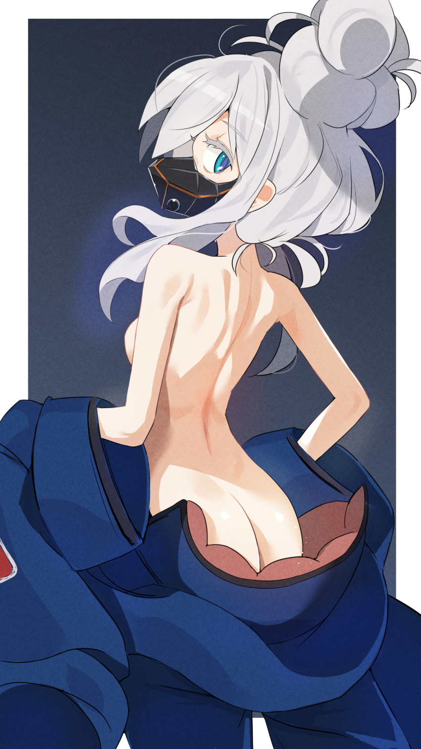 1girl arched_back ass blaze_(blazeillust) blue_eyes blue_pupils breasts butt_crack colored_eyelashes commentary_request deux_murasame freckles from_behind grey_background grey_hair gundam gundam_gquuuuuux hair_bun highres long_hair looking_at_viewer looking_back looking_to_the_side mask mecha_pilot_suit median_furrow mouth_mask nude petite sidelocks small_breasts solo undressing updo