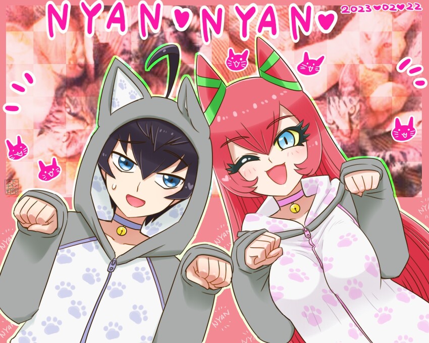 1boy 1girl animal_ears bell black_hair blue_eyes cat_day double_bun fake_animal_ears hair_bun highres long_hair neck_bell nyandestar_(yu-gi-oh!) one_eye_closed onesie open_mouth paw_pose paw_print photo_background red_hair smile sougetsu_manabu sweat yhx5f2kuond0ddi yu-gi-oh! yu-gi-oh!_go_rush!!