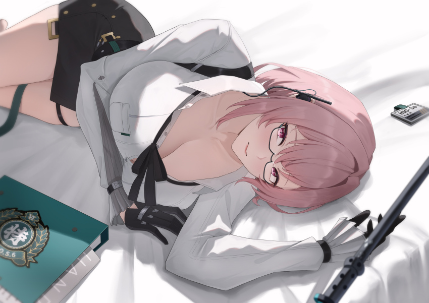 1girl absurdres blush breasts cleavage dress_shirt glasses gloves highres large_breasts long_hair long_sleeves looking_at_viewer lying on_side pink_hair polearm shirt skirt solo tsukishiro_yanagi weapon xiiinaam_98 zenless_zone_zero