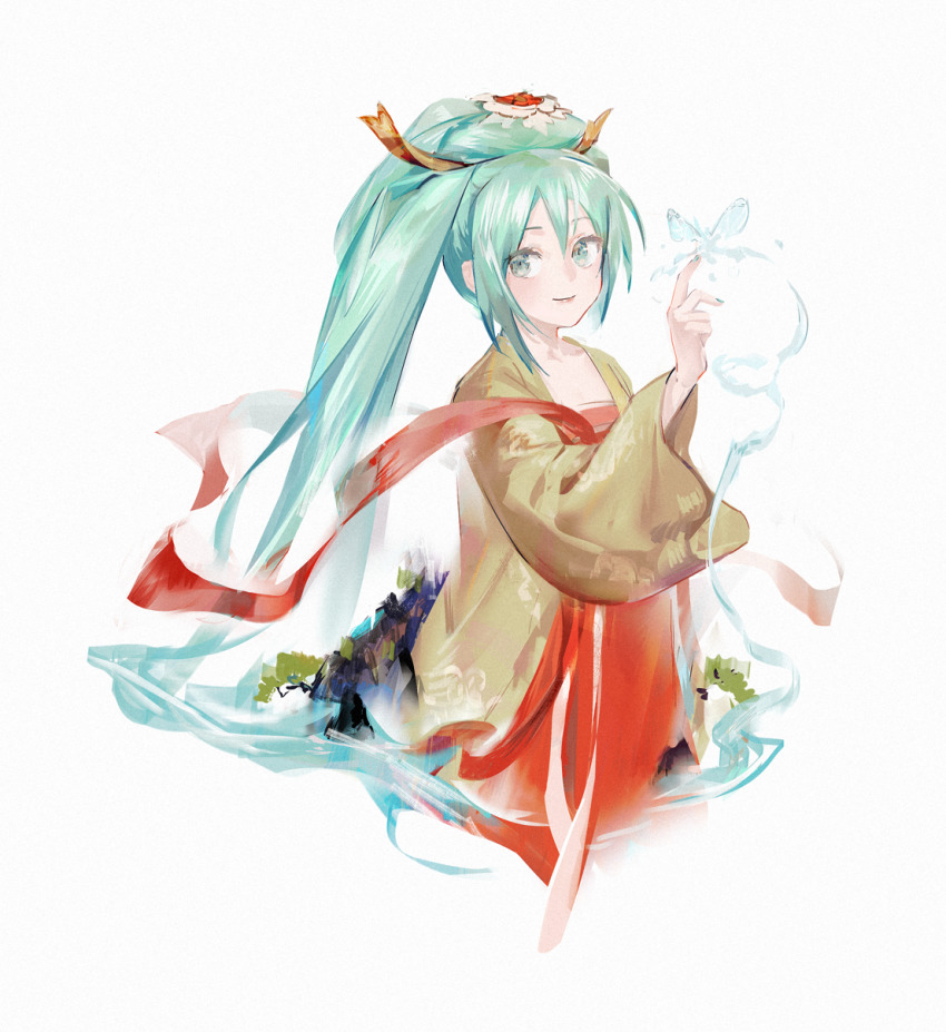 1girl aqua_eyes aqua_hair brown_jacket bug butterfly butterfly_on_hand chinese_clothes chinese_commentary commentary cropped_torso dress hagoromo hanfu hatsune_miku highres insect jacket long_hair ponytail qixiong_ruqun red_dress shawl simple_background smile solo upper_body very_long_hair vocaloid water_butterfly white_background yyb