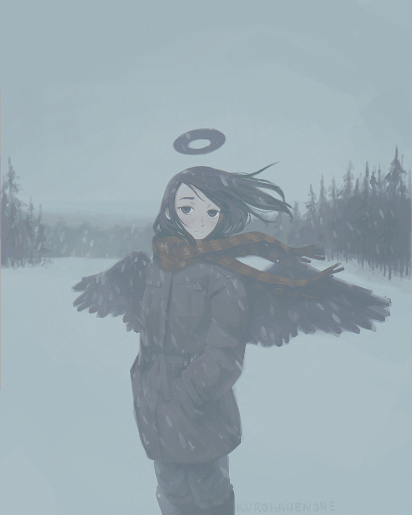 1girl artist_name bags_under_eyes black_eyes black_hair black_halo black_wings blush boots brown_coat brown_scarf coat enpera feathered_wings haibane_renmei halo hands_in_pockets highres kurohanenone light_smile long_hair outdoors pants pine_tree scarf snowing striped_clothes striped_scarf tree wind wings