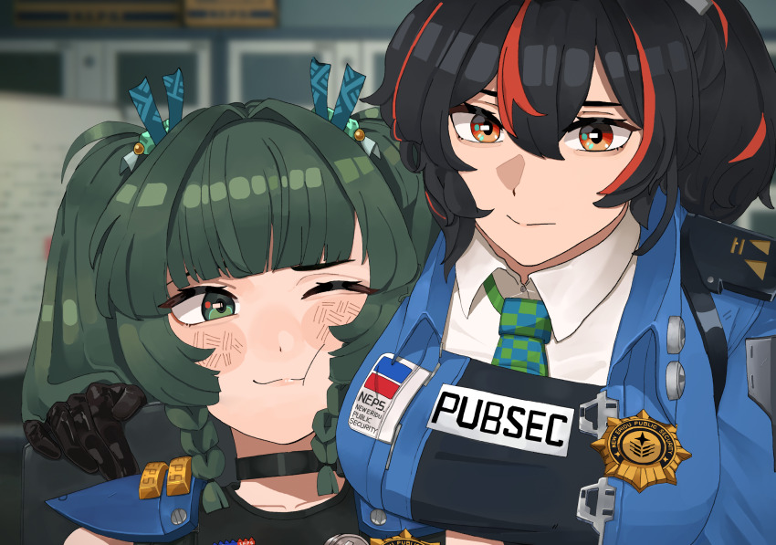 2girls black_gloves black_hair blue_jacket blurry blurry_background breasts capkal cheek-to-breast closed_mouth gloves green_eyes green_necktie grey_hair highres jacket large_breasts looking_at_another multicolored_hair multiple_girls necktie one_eye_closed police police_uniform policewoman ponytail qingyi_(zenless_zone_zero) red_eyes red_hair streaked_hair upper_body zenless_zone_zero zhu_yuan