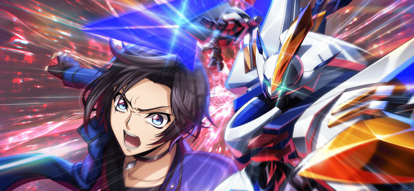 1boy angry black_gloves black_hair blue_eyes blue_jacket code_geass code_geass:_lost_stories f4samurai gloves highres jacket knightmare_frame looking_at_viewer mario_disel mecha official_art open_mouth pendulum_(code_geass) pendulum_resurrection robot short_hair solo teeth