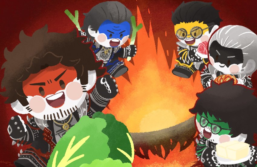 5boys :d :o adachi_koichi afro alternate_costume armor black_footwear black_gloves black_hair blush_stickers brown_hair cauldron celery cheese clenched_hand cooking demon_boy evil_smile eyebrows facepaint facial_hair fingerless_gloves fire food glasses gloves grey_hair hagino_490 hair_slicked_back han_joon-gi heavy_metal highres kasuga_ichiban kimchi lamb_chops lettuce matching_outfits meat messy_hair multiple_boys nanba_yu official_alternate_costume open_mouth party pot red_background round_eyewear ryuu_ga_gotoku_(series) ryuu_ga_gotoku_7 short_hair smile spiked_armor zhao_tianyou