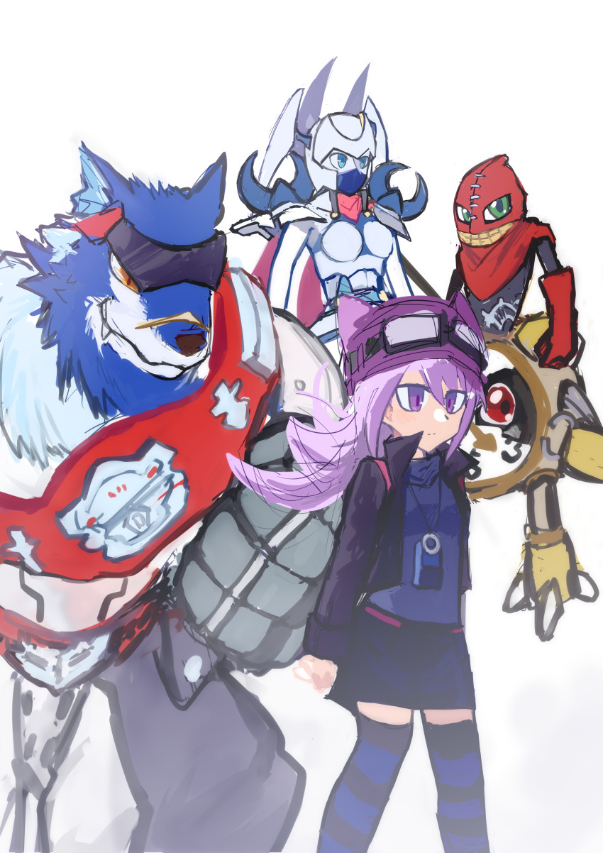 absurdres armor clockmon crescent_moon dianamon digimon digimon_(creature) digimon_story:_sunburst_and_moonlight goggles goggles_on_head hat highres long_hair machgaogamon mask moon purple_eyes purple_hair sayo_(digimon)