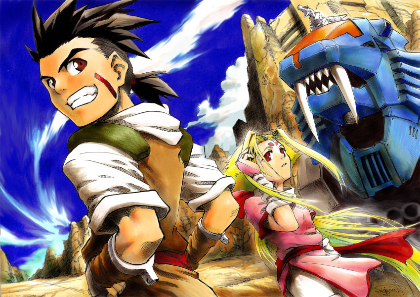 1boy 1girl blonde_hair brown_hair facial_mark fiona_(zoids) grin highres long_hair mecha ponytail red_eyes robot sei_jun shield_liger smile van_flyheight very_long_hair wind zeke_(zoids) zoids zoids_chaotic_century