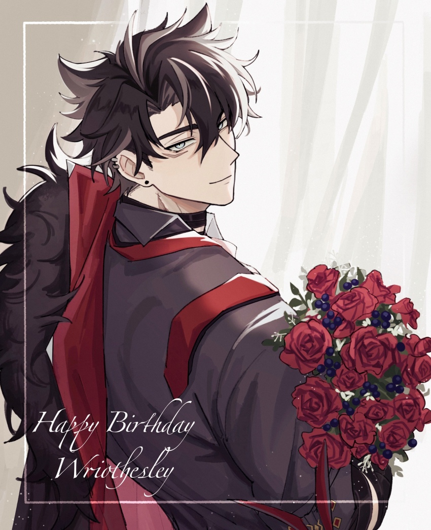 1boy acupofbread bandaged_arm bandaged_neck bandages black_hair black_shirt blue_eyes bouquet character_name closed_mouth coat coat_on_shoulders collared_shirt commentary curtains ear_piercing earrings english_commentary facial_scar flower from_behind fur-trimmed_coat fur_trim genshin_impact grey_hair hair_between_eyes happy_birthday highres holding holding_bouquet jewelry light_particles looking_at_viewer looking_back male_focus multicolored_hair necktie necktie_over_shoulder parted_bangs piercing red_flower red_necktie red_rose rose scar scar_on_cheek scar_on_face scar_on_neck shirt short_hair smile smirk solo streaked_hair stud_earrings upper_body wriothesley_(genshin_impact)