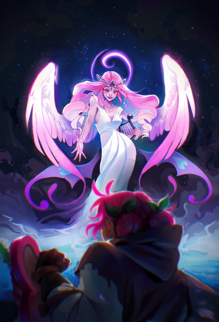2girls angel angel_wings ballz4lyfe11 breasts commentary cookie_run cookie_run:_kingdom demon_girl demon_horns double_bun dress english_commentary eternal_sugar_cookie evil_smile feathered_wings hair_bun halo harp highres holding holding_shield hollyberry_cookie horns instrument long_hair looking_at_another medium_breasts multiple_girls pink_eyes pink_hair shield slit_pupils smile very_long_hair white_dress wings