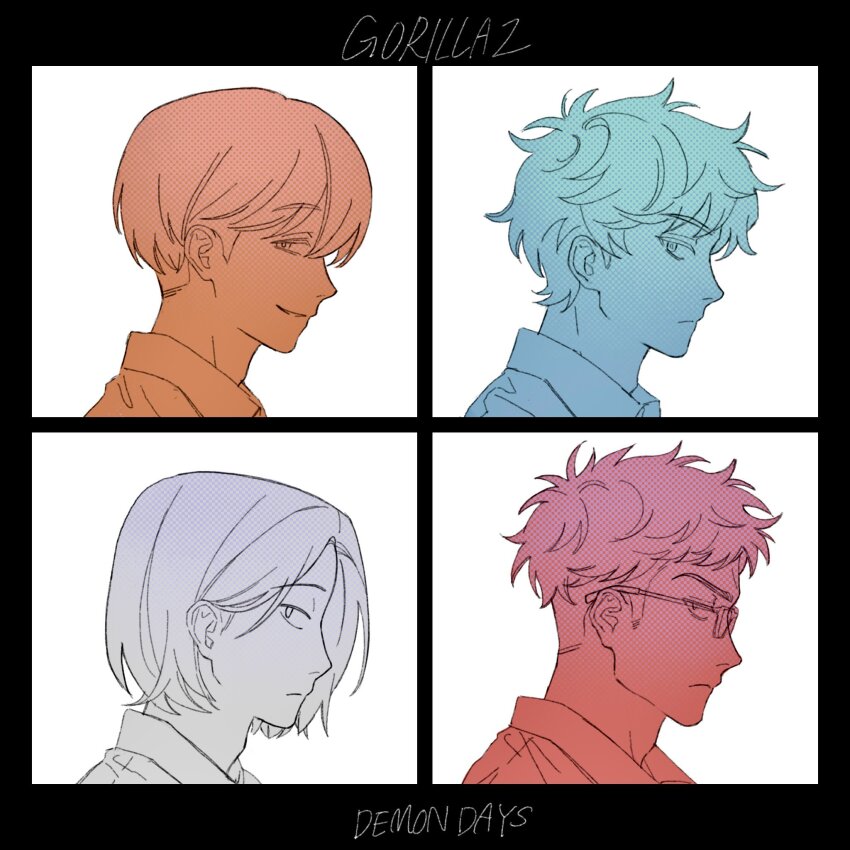 4boys album_cover_redraw album_name closed_mouth collared_shirt commentary_request demon_days_(gorillaz) derivative_work from_side futsuu_no_keion-bu glasses gorillaz group_name highres looking_at_viewer male_focus mizuo_haruichi multiple_boys multiple_monochrome portrait profile protocol._(futsuu_no_keion-bu) shirt short_hair smile taguchi_ryuuya takami_kouki tohno_gen tsurime very_short_hair wavy_hair za_(sametapizza_)