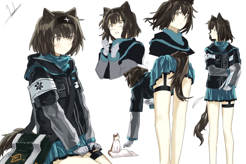 1girl animal animal_ears arknights armband ass bag bent_over black_hair black_hairband black_jacket blue_skirt brown_eyes cat clenched_teeth commentary_request flying_sweatdrops gloves grey_gloves grey_shirt hair_between_eyes hairband hasubou_(isaribashi) highres holding hood hood_down hooded_jacket jacket layered_sleeves long_sleeves looking_away multiple_views pleated_skirt rhodes_island_medic_(arknights) shirt short_over_long_sleeves short_sleeves shoulder_bag simple_background skirt tail teeth white_background