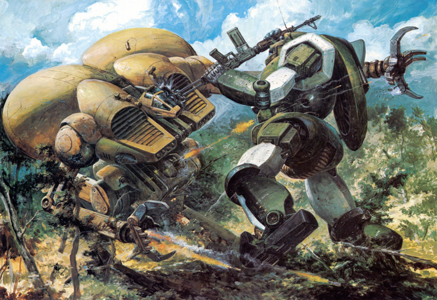1980s_(style) assault_rifle battle broken_glass claws cloud cloudy_sky contrail damaged debris dirty explosion firing forest glass gun hitting machine_gun machinery mecha nature official_art oldschool production_art promotional_art realistic retro_artstyle rifle robot rock science_fiction sentou_mecha_xabungle sky tracer_ammunition projectile_trail traditional_media tree turret walker_(robot) walker_gallia weapon
