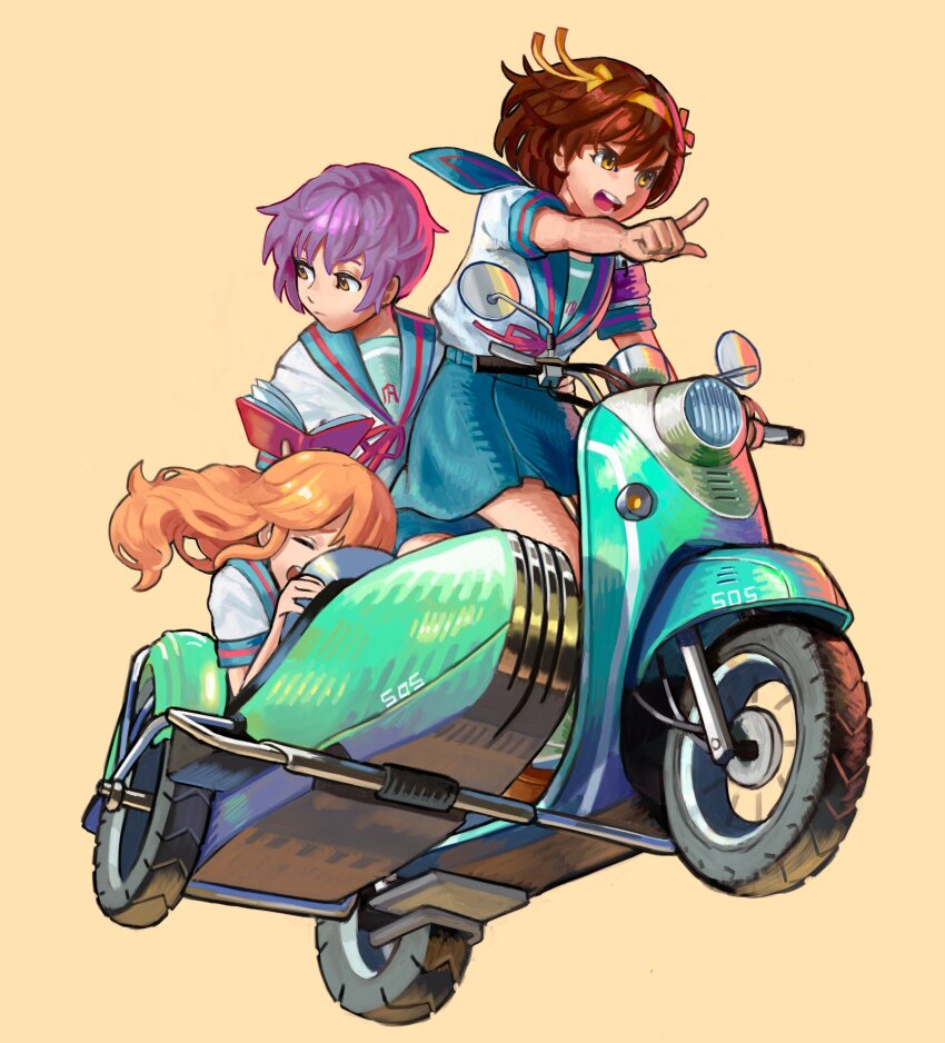 3girls absurdres asahina_mikuru black_socks blue_sailor_collar blue_skirt blue_socks book brown_eyes brown_footwear brown_hair calilo closed_eyes commentary english_commentary hair_ribbon hairband highres holding holding_book kita_high_school_uniform kneehighs loafers motor_vehicle multiple_girls nagato_yuki on_scooter open_mouth orange_hair pointing purple_hair purple_socks reading red_ribbon ribbon riding sailor_collar scared school_uniform scooter serafuku shoes short_hair short_sleeves sidecar skirt socks summer_uniform suzumiya_haruhi suzumiya_haruhi_no_yuuutsu yellow_hairband