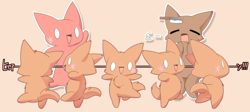 2channel blank_eyes brown_cat cat closed_eyes commentary_request full_body knife knife_in_head knifed lets0020 mona_(2ch) no_humans object_through_head open_mouth pink_cat smile translation_request