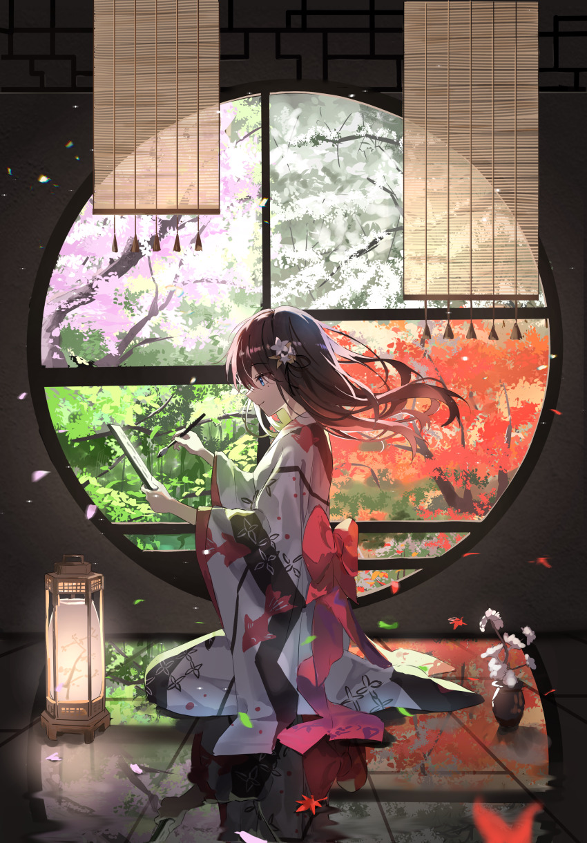 1girl absurdres architecture autumn autumn_leaves black_hair blue_eyes calligraphy calligraphy_brush cherry_blossoms closed_mouth commentary_request east_asian_architecture falling_petals floating_hair flower from_side full_body hair_flower hair_ornament highres holding holding_brush indoors japanese_clothes k2_(kazu1030) kimono lantern leaf light_smile long_hair looking_at_object on_floor original paintbrush petals plant potted_plant print_kimono reflection reflective_floor round_window seasons seiza sitting solo spring_(season) summer vase white_kimono wide_sleeves window winter