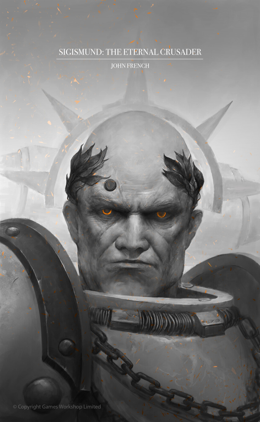 1boy absurdres armor bald breastplate chain copyright_logo copyright_notice cover cover_page embers glowing glowing_eyes gorget greyscale halo highres iron_halo laurel_crown laurels leszek_wozniak looking_at_viewer monochrome orange_eyes pauldrons purity_seal shoulder_armor sigismund spiked_halo title title_page warhammer_40k
