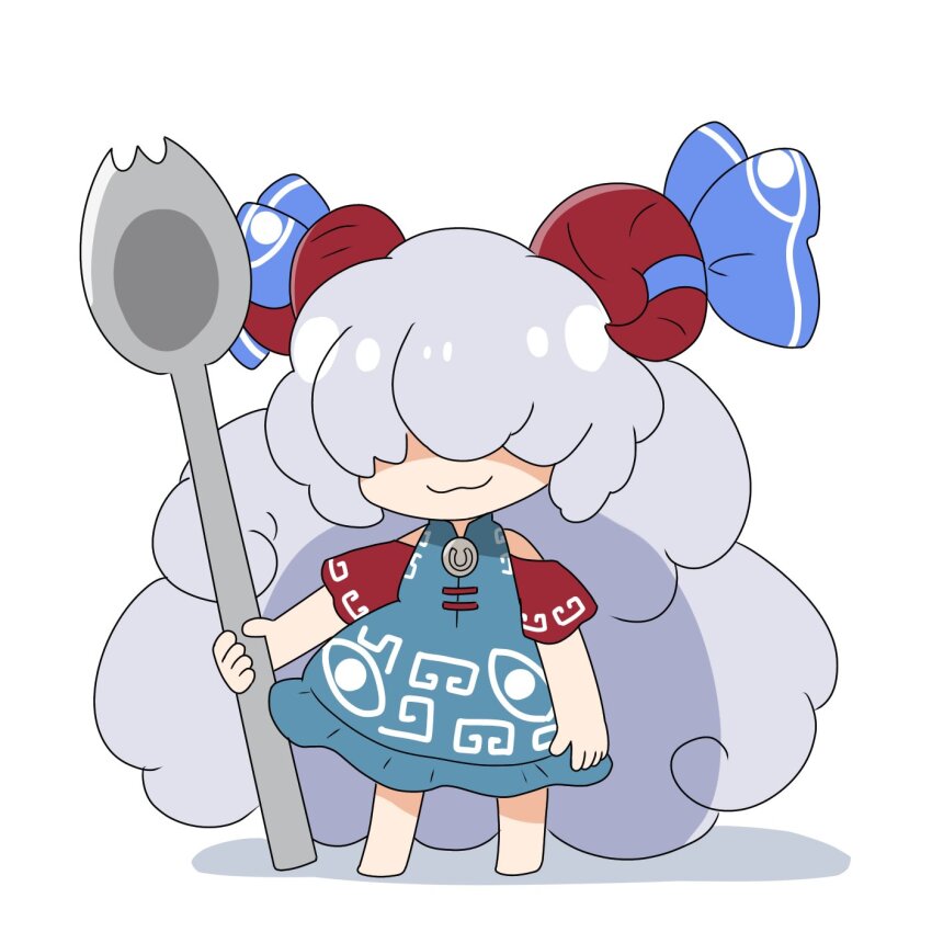1girl :3 bare_shoulders barefoot blue_dress blue_ribbon closed_mouth commentary_request curly_hair detached_sleeves dress eye_print facing_viewer frilled_dress frills full_body grey_hair hair_over_eyes highres holding holding_spork horn_ornament horn_ribbon horns long_hair meandros oversized_object red_horns red_sleeves ribbon rizleting sheep_horns short_sleeves simple_background sleeveless sleeveless_dress smile solo spork standing touhou toutetsu_yuuma very_long_hair white_background