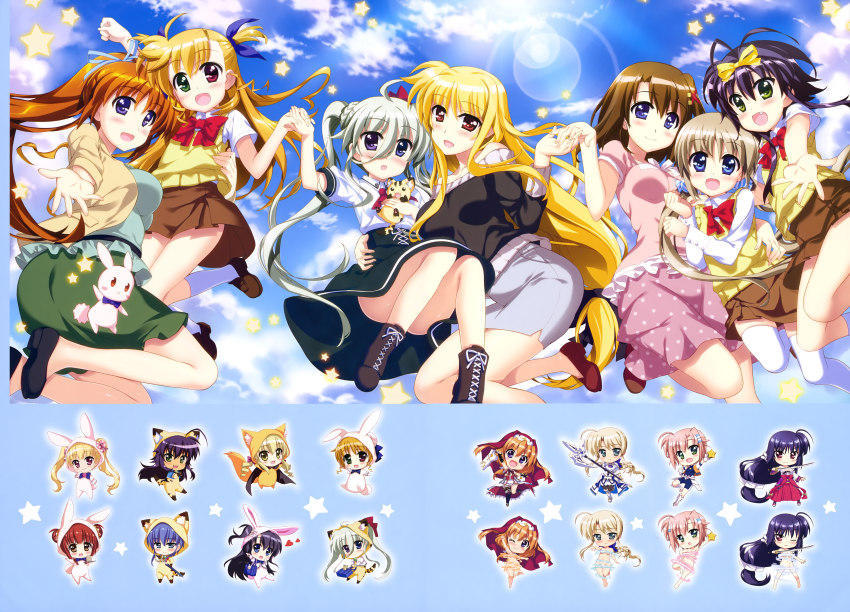 10s 6+girls absurdres ahoge animal_ears animal_hood antenna_hair arm_up armor armored_boots armpits asymmetrical_legwear black_hair black_skirt blonde_hair blue_bow blue_eyes blue_hair blue_ribbon blue_shorts boots bow bowtie breasts brown_hair brown_skirt chantez_apinion cleavage convenient_leg corona_timir einhard_stratos fabia_crozelg fake_animal_ears fang fate_testarossa fujima_takuya green_eyes hair_between_eyes hair_bow hair_ribbon hakama hakama_skirt halberd hand_on_another&#039;s_hip hand_on_own_hip heterochromia high_ponytail highres holding holding_hands holding_weapon hood japanese_clothes katana leg_up lens_flare light_brown_hair long_hair looking_at_viewer low-tied_long_hair lyrical_nanoha mahou_shoujo_lyrical_nanoha mahou_shoujo_lyrical_nanoha_vivid medium_breasts mikaya_chevelle miura_rinaldi multiple_girls navel official_art one_eye_closed open_mouth outstretched_arm pink_hair pink_shirt pleated_skirt polearm ponytail purple_eyes purple_skirt rabbit rabbit_ears rabbit_hood red_bow red_eyes red_hakama ribbon rio_wezley school_uniform shirt short_hair shorts silver_hair skirt smile star_(symbol) sword takamachi_nanoha thighhighs twintails two_side_up underboob uneven_legwear viktoria_dahlgrun vivid_strike! vivio weapon white_legwear yagami_hayate yellow_bow yumina_enclave zettai_ryouiki