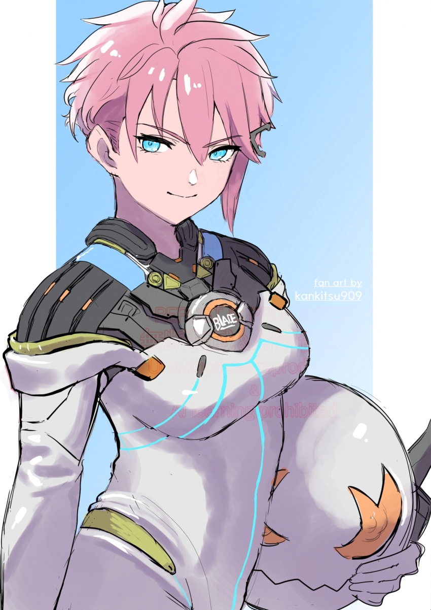 1girl artist_name blue_background blue_eyes bodysuit breasts commentary_request gradient_background hair_between_eyes helmet highres holding_unworn_helmet karian909 liesel_(xenoblade) looking_at_viewer medium_breasts outside_border pillarboxed pink_hair solo standing twitter_username unworn_headwear unworn_helmet white_bodysuit xenoblade_chronicles_(series) xenoblade_chronicles_x