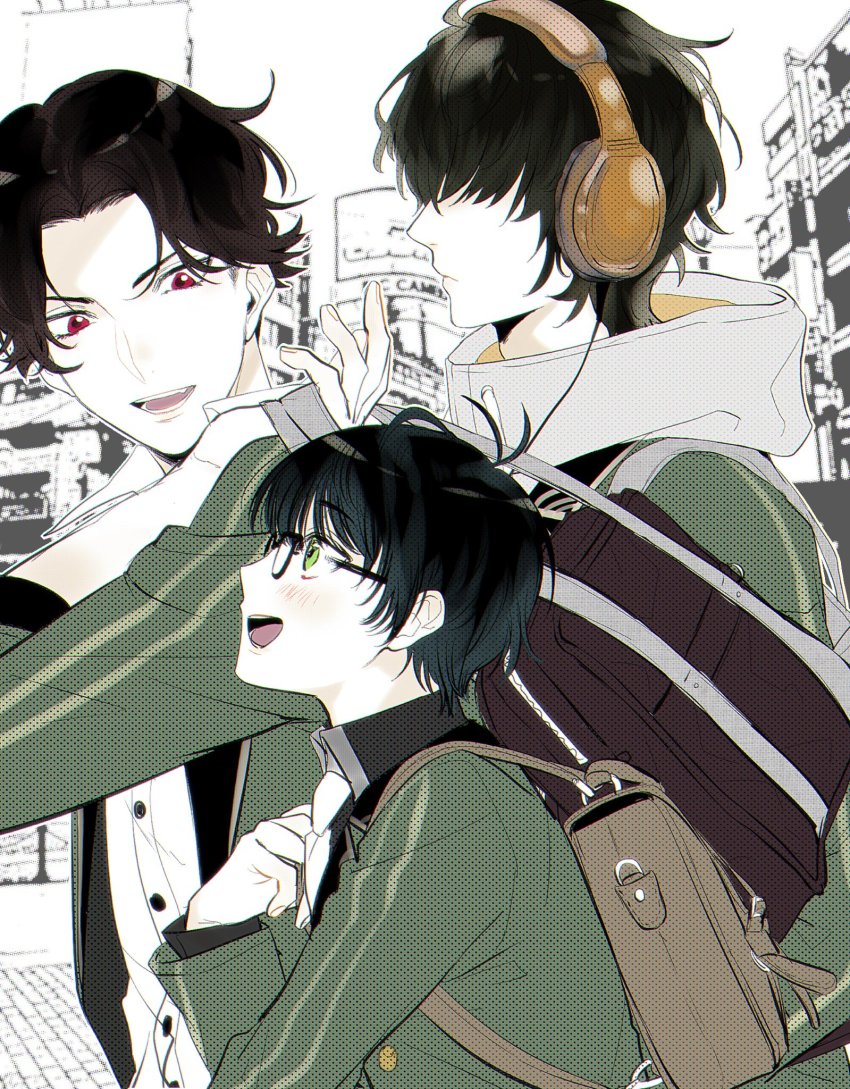 3boys black_hair buzen_gou glasses green_eyes green_hair hair_over_eyes height_difference highres ichii_(tkgodantkamatu) kotegiri_gou kuwana_gou_(touken_ranbu) looking_at_another male_focus mole mole_under_eye multiple_boys red_eyes smile touken_ranbu upper_body