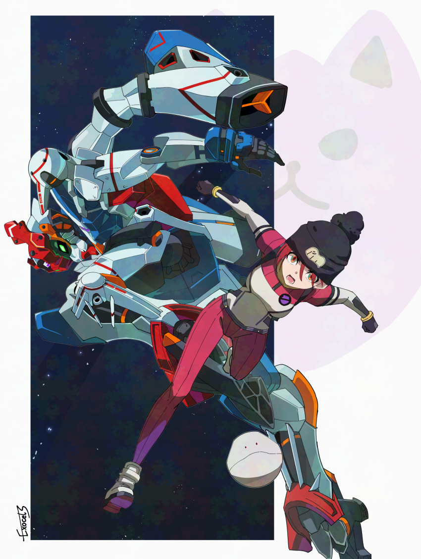 1girl absurdres amate_yuzuriha beanie breasts exocet_(exocet4) full_body gquuuuuux gundam gundam_gquuuuuux haro hat highres mecha mecha_pilot_suit mobile_suit multicolored_eyes red_hair robot short_hair signature small_breasts