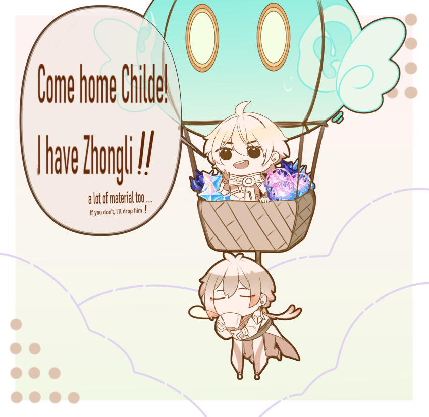 absurdres aether_(genshin_impact) aircraft chibi cup dochikun drinking_tea genshin_impact greyscale highres hot_air_balloon image_sample intertwined_fate material_growth monochrome pixiv_sample primogem slime_(creature) teacup white_background zhongli_(genshin_impact)