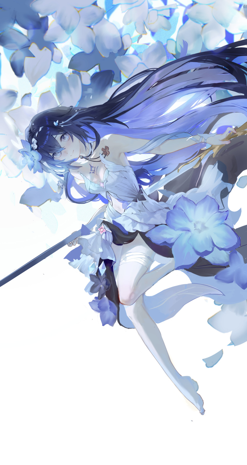 1girl absurdres bandage_on_thigh bandages bare_shoulders barefoot black_choker black_dress black_hair blue_eyes blue_flower blue_hair breasts chest_tattoo choker cleavage closed_mouth clothing_cutout colored_inner_hair diamond_cutout dress eyes_visible_through_hair floating flower gradient_hair hair_between_eyes hair_flower hair_ornament highres holding holding_scythe honkai_(series) honkai_impact_3rd kuliukunkunkunkunkunkunkun leg_up leg_wrap long_dress long_hair looking_at_viewer making-of_available multicolored_hair outstretched_arm pendant_choker scythe seele_vollerei seele_vollerei_(herrscher_of_rebirth) simple_background sleeveless sleeveless_dress smile solo star_ornament stomach_cutout strap tattoo toes two-sided_dress two-sided_fabric two-tone_choker two-tone_dress very_long_hair white_background white_choker white_dress white_flower