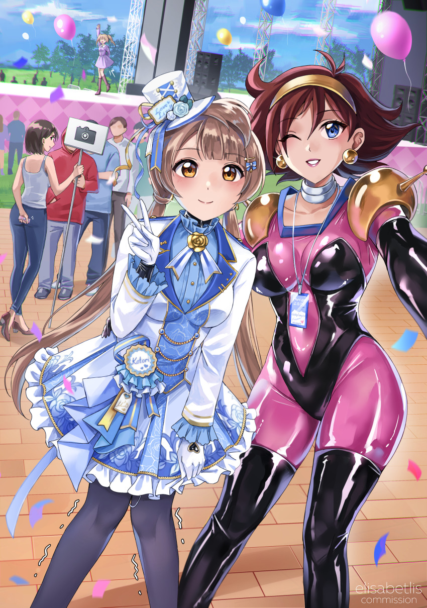3girls 5boys absurdres animegao balloon black_bodysuit blue_eyes bodysuit bodysuit_under_clothes brown_eyes brown_hair confetti cosplay crossdressing crowd denim dress earrings elisabetlis g_gundam gloves gundam hairband hat highres id_card jewelry kigurumi latex latex_bodysuit long_hair looking_at_viewer love_live! mask mecha_pilot_suit minami_kotori minami_kotori_(cosplay) mini_hat mini_top_hat mobile_trace_suit multiple_boys multiple_girls one_eye_closed original outdoors pantyhose pink_bodysuit rain_mikamura rain_mikamura_(cosplay) remote_control_vibrator sex_toy shiny_clothes short_hair sign stage top_hat trembling two-tone_bodysuit v vibrator white_dress white_gloves