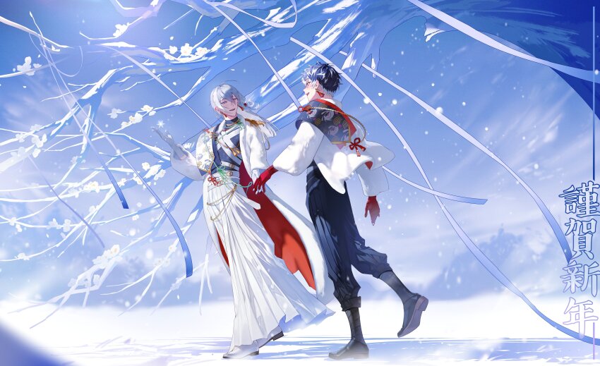 2boys absurdres ahoge asa_no_ha_(pattern) belt black_boots black_hair black_hakama black_pants blue_shirt blue_sky boots coat commentary_request day earrings film_grain fur_coat fur_jacket gloves grey_eyes grey_hair hakama hakama_pants hakama_skirt highres holding_hands honeycomb_(pattern) honeycomb_print idolish7 jacket japanese_clothes jewelry kng_roo korean_commentary long_hair male_focus momo_(idolish7) multicolored_hair multiple_belts multiple_boys open_clothes open_coat open_jacket open_mouth outdoors pants re:vale red_eyes red_gloves seigaiha shirt shoes short_hair skirt sky smile snow snowing tassel tassel_earrings translation_request two-sided_coat two-sided_fabric two-tone_hair walking white_belt white_coat white_gloves white_hair white_hakama white_jacket white_shoes winter yuki_(idolish7)