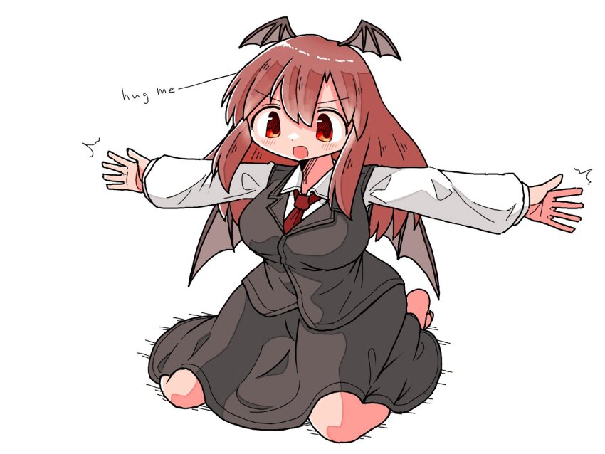 1girl barefoot bat_wings black_skirt black_vest blush collared_vest embodiment_of_scarlet_devil english_text kasuya_baian kneeling koakuma long_hair long_sleeves motion_lines open_mouth outstretched_arms red_eyes red_hair red_tie simple_background skirt solo spread_arms touhou vest white_background wings