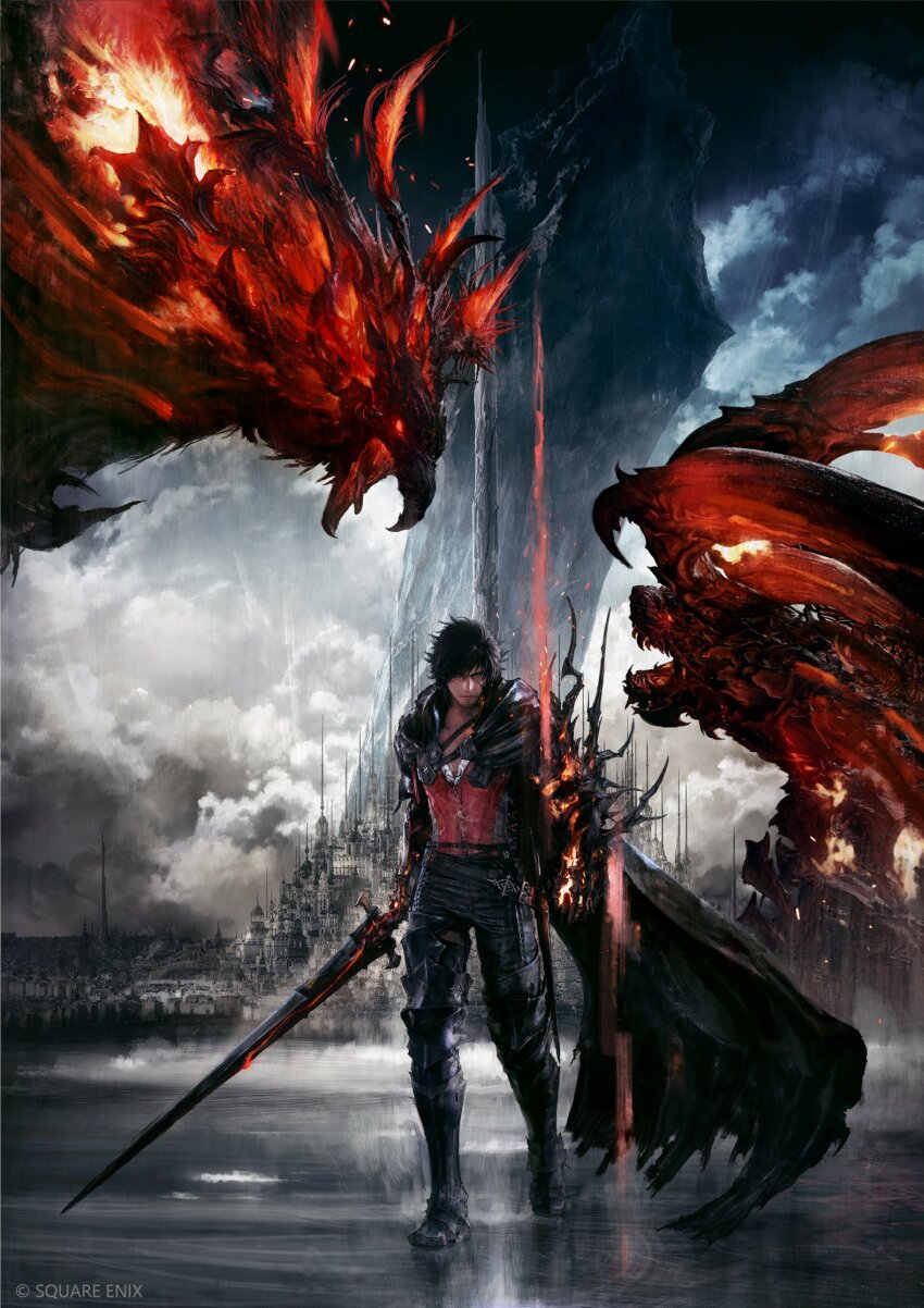 1boy black_hair cape castle clive_rosfield cloud cloudy_sky copyright_notice cover final_fantasy final_fantasy_xvi glowing glowing_eyes glowing_hand highres horns ifrit_(final_fantasy) key_visual logo looking_at_viewer official_art phoenix_(final_fantasy) promotional_art sky square_enix standing sword takahashi_kazuya textless_version video_game_cover weapon