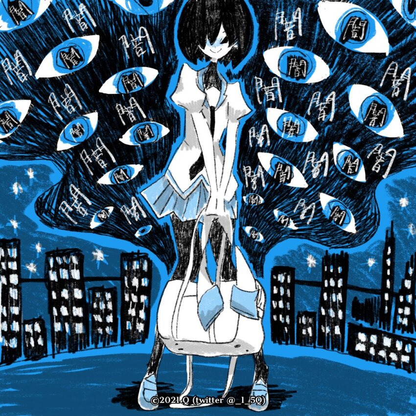 1girl artist_name bag black_eyes black_hair black_necktie black_pantyhose black_undershirt blue_eyes blue_outline blue_sky blue_theme blush bob_cut building cityscape closed_mouth commentary copyright_notice disembodied_eye full_body hair_over_one_eye holding holding_bag juliet_sleeves knees_together_feet_apart loafers long_sleeves looking_at_viewer monochrome monogatari_(series) naoetsu_high_school_uniform necktie night night_sky oshino_ougi outline own_hands_together pantyhose parody pleated_skirt puffy_sleeves q.ougi school_bag school_uniform shoes short_hair sketch skirt sky skyscraper sleeves_past_fingers sleeves_past_wrists smile solo standing star_(sky) starry_sky style_parody the_darkness_(monogatari) translated turtleneck twitter_username ueda_hajime_(style) v_arms very_long_sleeves