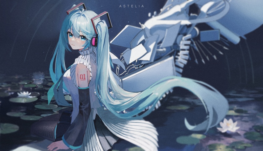 1girl absurdres aqua_hair astelia black_skirt black_sleeves blue_eyes detached_sleeves flower hair_ornament hatsune_miku hatsune_miku_happy_16th_birthday_-dear_creators- highres long_hair looking_at_viewer lotus lotus_leaf pleated_skirt sitting skirt solo tattoo twintails very_long_hair vocaloid water water_lily_flower white_lotus