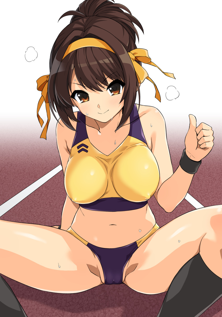 1girl absurdres breasts brown_eyes brown_hair buruma cameltoe collarbone covered_erect_nipples hairband haruhisky highres looking_at_viewer medium_breasts navel ponytail sitting smile solo sports_bra spread_legs stomach suzumiya_haruhi suzumiya_haruhi_no_yuuutsu thighs thumbs_up track_and_field yellow_hairband