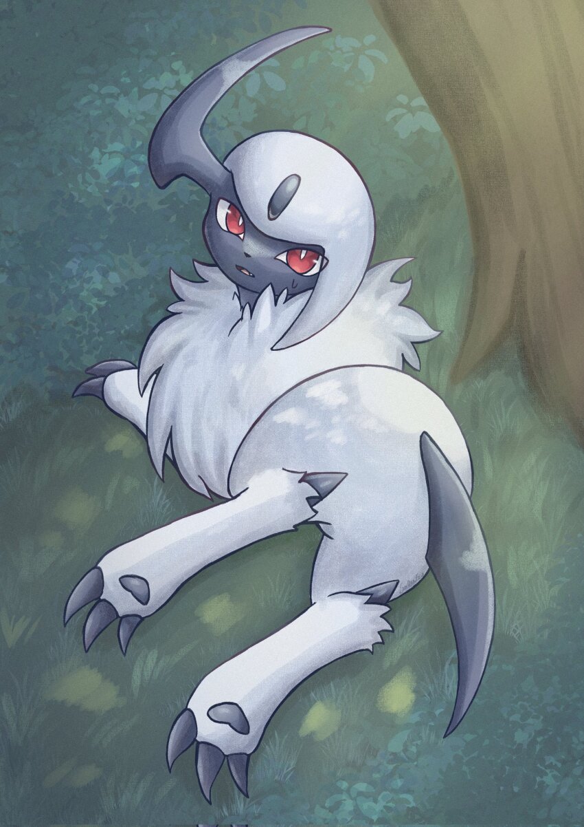 absol animal_focus claws fang gen_3_pokemon grass highres lying nintendo no_humans open_mouth pokemon pokemon_(creature) red_eyes solo soruva_359 sweat tree white_hair