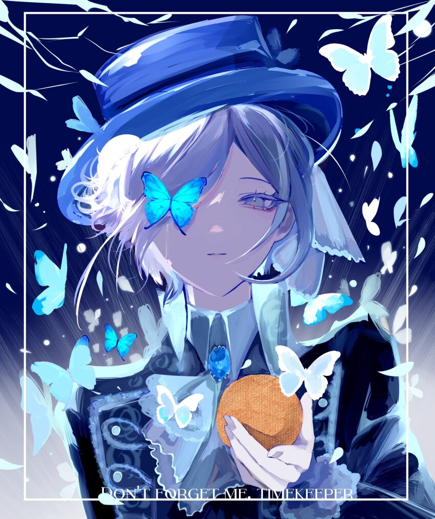 1girl ascot black_coat blue_background blue_butterfly blue_hat boater_hat bug butterfly butterfly_over_eye coat collared_shirt english_text food fruit gradient_background grey_eyes grey_hair hand_up hat highres holding holding_food holding_fruit insect klepon looking_at_viewer one_eye_covered orange_(fruit) reverse:1999 shirt short_hair single_tear solo too_many too_many_butterflies upper_body vertin_(reverse:1999) white_ascot white_shirt