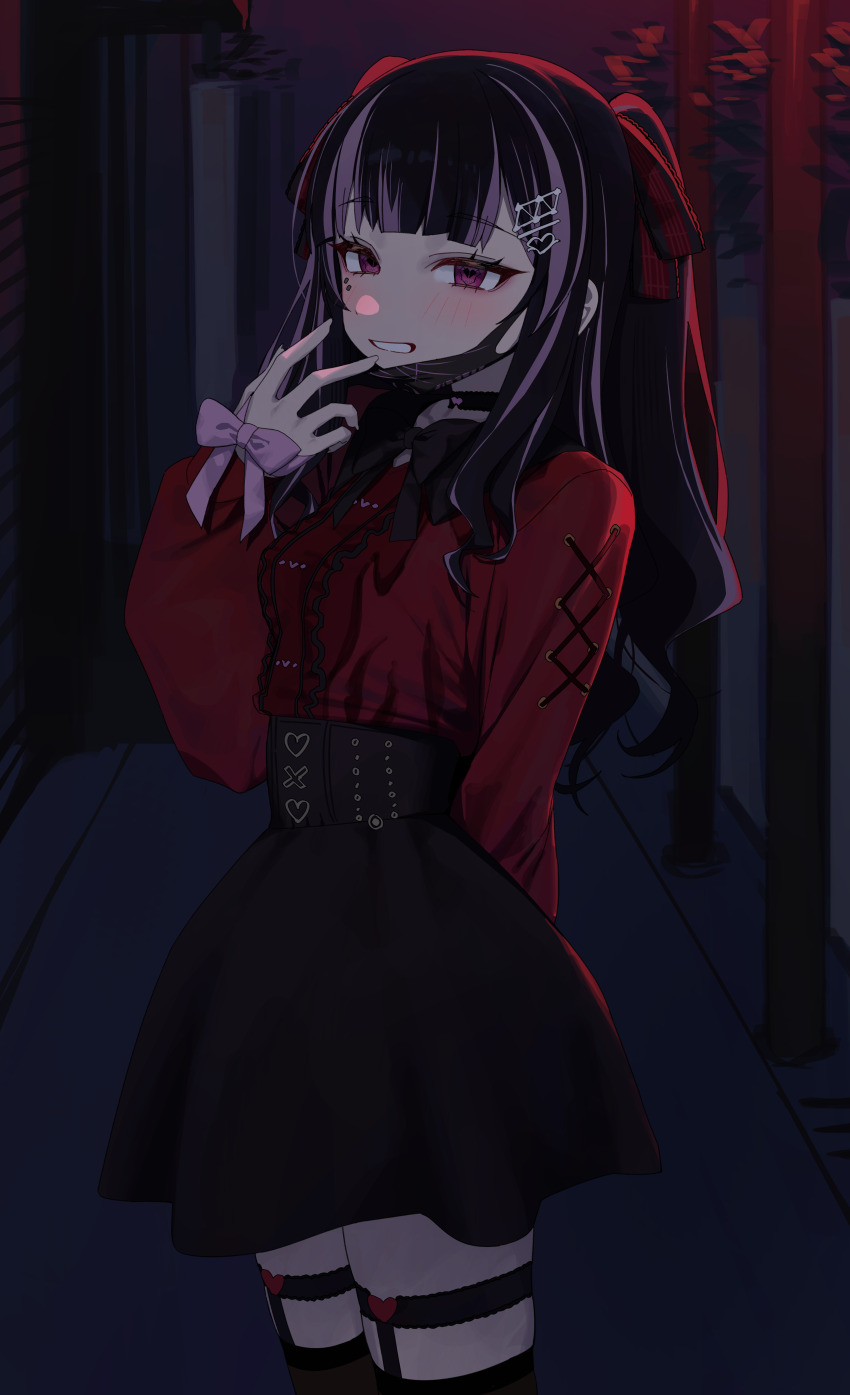 1girl absurdres arm_behind_back black_hair black_mask black_skirt black_thighhighs blush bow grin hair_ribbon high-waist_skirt highres looking_at_viewer mask mole mole_under_eye mouth_mask original purple_bow purple_eyes red_ribbon red_shirt ribbon shirt skirt smile surgical_mask syhan thighhighs twintails wrist_bow