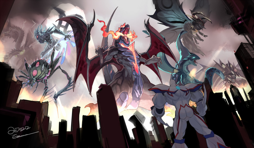 1boy breath_weapon breathing_fire bug city dogoran_the_mad_flame_kaiju dragon duel_monster e_volution elemental_hero_neos fire gadarla_the_mystery_dust_kaiju gameciel_the_sea_turtle_kaiju giant_spider insect jizukiru_the_star_destroying_kaiju kaiju kumongous_the_sticky_string_kaiju monster moth muscular radian_the_multidimensional_kaiju searchlight signal signature sky spider thunder_king_the_lightningstrike_kaiju wings yu-gi-oh!