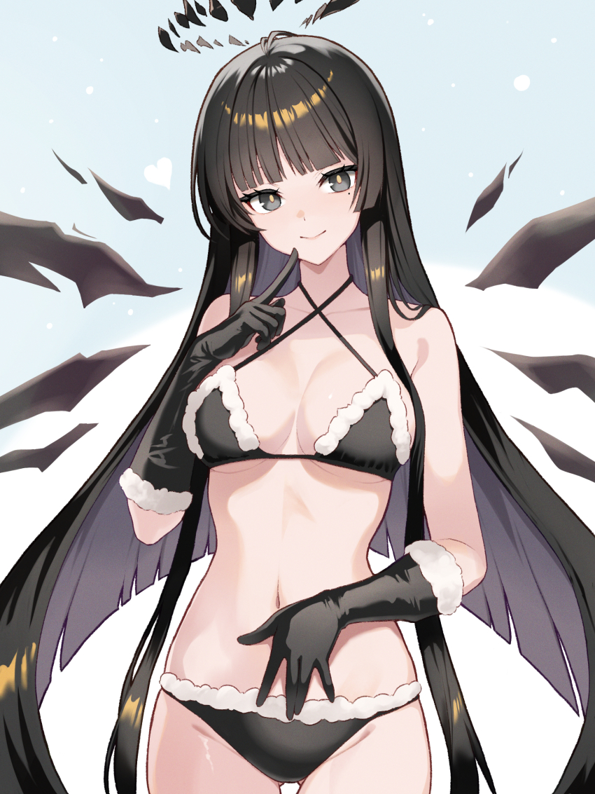 1girl absurdres arknights black_bra black_eyes black_gloves black_hair black_halo black_panties blue_background blunt_bangs blunt_ends bra breasts closed_mouth colored_inner_hair commentary_request cowboy_shot criss-cross_halter detached_wings dr.lamina elbow_gloves finger_to_cheek flat_color floating_hair fur-trimmed_bra fur-trimmed_gloves fur-trimmed_panties fur_trim gloves halo halterneck highres long_hair looking_at_viewer medium_breasts multicolored_hair panties purple_hair simple_background smile solo split_mouth standing underwear underwear_only very_long_hair virtuosa_(arknights) wings yellow_pupils