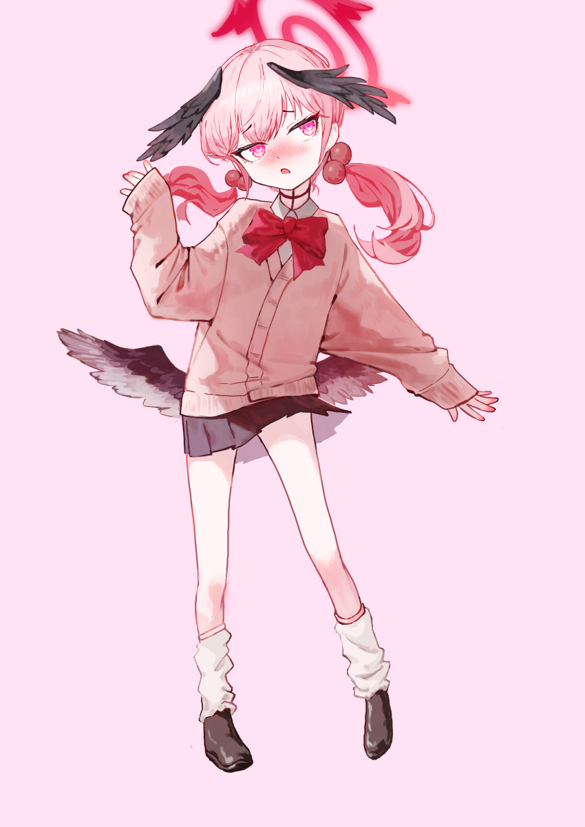 1girl absurdres alternate_costume black_skirt blue_archive blush bow bowtie cardigan collared_shirt embarrassed feathered_wings frown full_body furrowed_brow halo head_wings highres koharu_(blue_archive) kongaru_123 loafers looking_to_the_side loose_socks low_twintails low_wings medium_hair miniskirt multiple_wings pink_background pink_cardigan pink_eyes pink_hair pink_halo pleated_skirt school_uniform shirt shoes simple_background skirt sleeves_past_wrists socks solo standing twintails winged_halo wings zako_(vocaloid)
