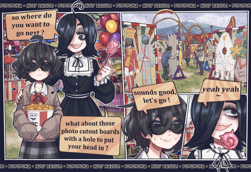 2girls :3 :d absurdres ahoge balloon black_hair sophie_(popopoka) bow brown_hair brown_sweater candy chicken_(food) collarbone english_text fang food freckles grey_eyes highres holding holding_food kfc looking_at_viewer medium_hair multiple_girls neck_ribbon open_mouth original outdoors people plaid_clothes plaid_skirt popopoka red_bow red_ribbon ribbon skirt smile speech_bubble sunglasses sweater tinted_eyewear
