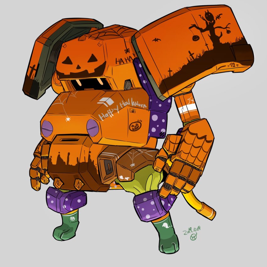 bad_id bad_twitter_id dated grey_background halloween highres jgsdf_type_07_tank_nacchin looking_ahead mecha moi_moi7 no_humans orange_eyes original robot silk simple_background solo spider_web standing wire