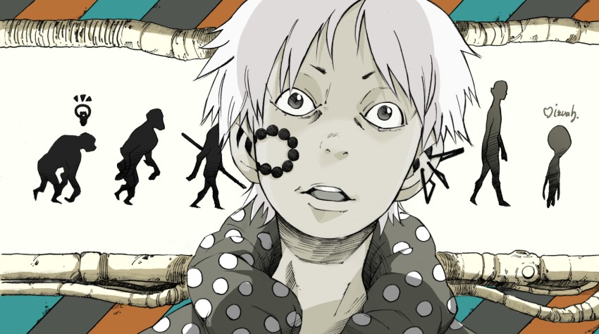1boy bad_id bad_pixiv_id ear_piercing facial_tattoo grey_eyes makkamu male_focus open_mouth original piercing short_eyebrows short_hair signature silhouette solo tattoo white_hair
