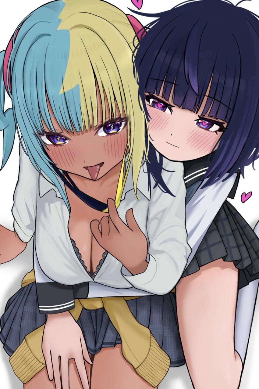 2girls black_sailor_collar blonde_hair blue_hair blunt_bangs blush bob_cut breasts canari_(pokemon) cleavage closed_mouth clothes_around_waist gwynn_(pokemon) heart heart-shaped_pupils highres hug hug_from_behind lightning_bolt-shaped_pupils long_sleeves looking_at_viewer multicolored_hair multiple_girls nintendo open_mouth pokemon pokemon_legends:_z-a purple_eyes purple_hair sailor_collar school_uniform shirt short_hair skirt slime_senpai split-color_hair sweater sweater_around_waist symbol-shaped_pupils tongue tongue_out two-tone_hair yuri