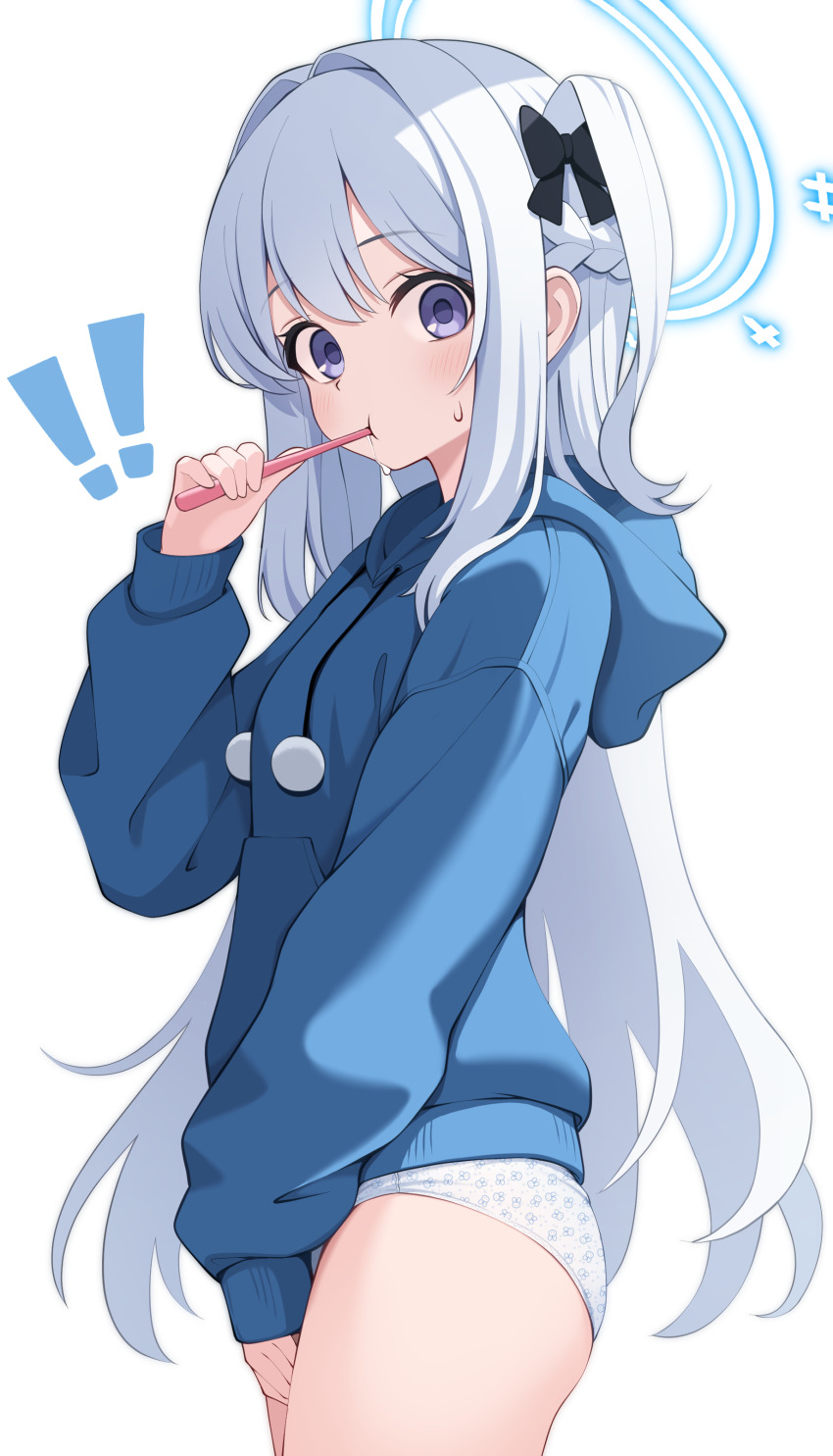 ! !! 1girl absurdres aged_down animal_print black_bow blue_archive blue_hoodie blush bow braid commentary_request cowboy_shot hair_between_eyes hair_bow hair_intakes half_up_braid highres holding holding_toothbrush hood hood_down hoodie long_hair looking_at_viewer miyako_(blue_archive) miyako_(young)_(blue_archive) no_pants official_alternate_costume one_side_up panties pom_pom_(clothes) print_panties purple_eyes rabbit_print shijima_(shijima_tc) simple_background solo sweat thighs toothbrush toothbrush_in_mouth underwear white_background white_hair white_panties
