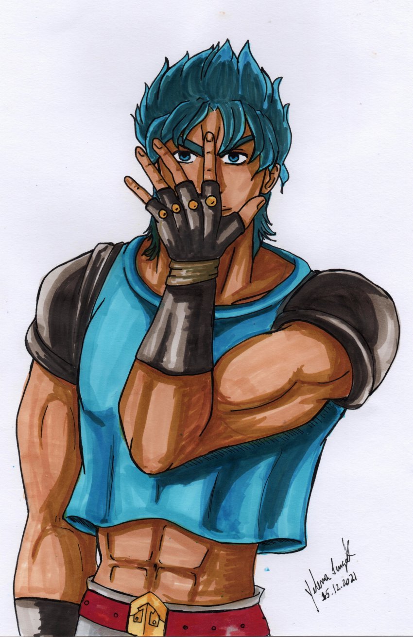1boy absurdres araki_hirohiko blue_eyes blue_hair fingerless_gloves gloves highres jojo_no_kimyou_na_bouken jojo_pose jonathan_joestar jonathan_joestar&#039;s_pose_(jojo) looking_at_viewer phantom_blood self-upload short_hair smile solo traditional_media yel_mizuno