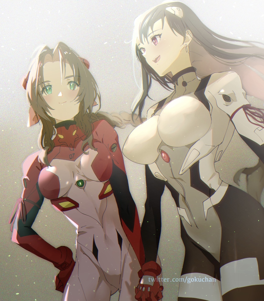 2girls absurdres aerith_gainsborough black_hair braid breasts brown_hair cosplay earrings final_fantasy final_fantasy_vii goku-chan green_eyes highres holding_hands jewelry large_breasts mecha_pilot_suit multiple_girls neon_genesis_evangelion plugsuit_(cosplay) plugsuit_(evangelion) red_eyes ribbon square_enix straight_hair tifa_lockhart wavy_hair