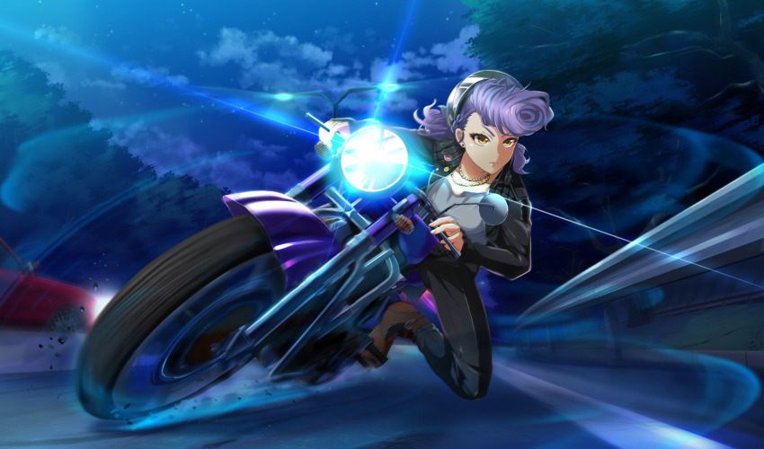 1girl biker_clothes black_jacket black_pants brown_footwear cinderella_series ear_piercing game_cg hachigatsu_no_cinderella_nine helmet highres izumida_kyouka jacket leather leather_jacket long_hair low_twintails motion_blur motor_vehicle motorcycle motorcycle_helmet night non-web_source official_art on_motorcycle open_clothes open_jacket orange_eyes outdoors pants piercing pompadour purple_hair riding road solo tree twintails v-shaped_eyebrows